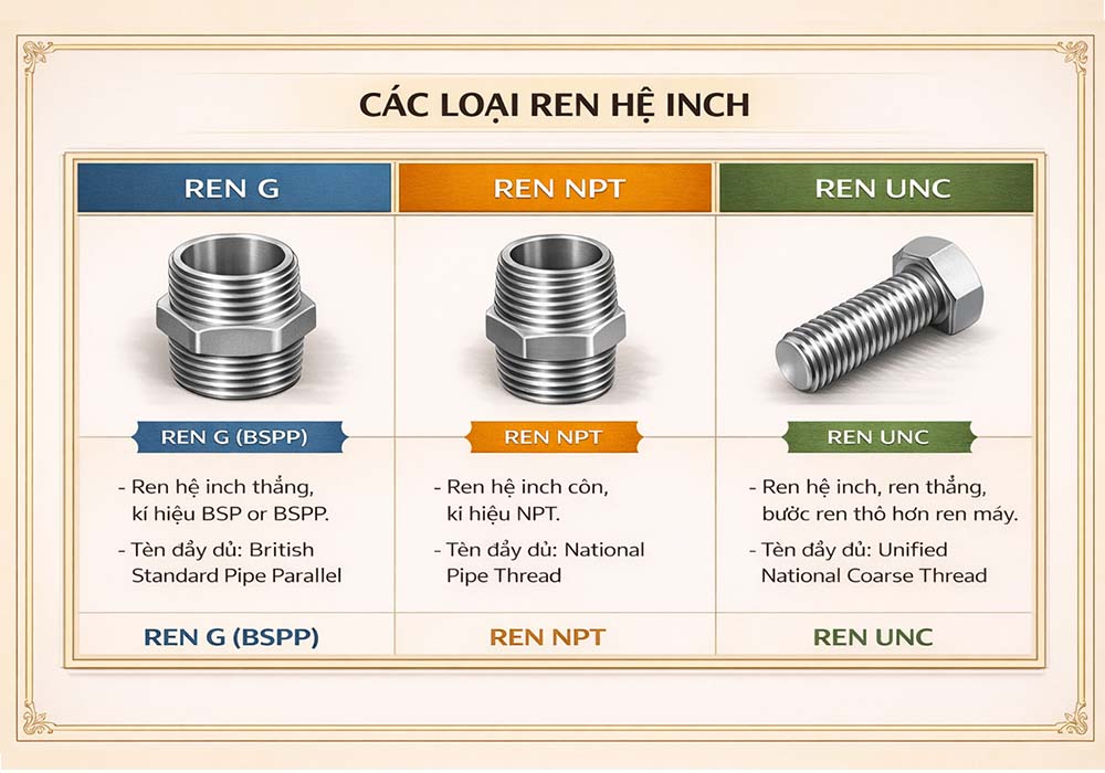 Bảng tra kích thước ren 1/2 NPT – 1/4 BSPT – Rc 1/4 inch 10 Các loại ren hệ inch tiêu chuẩn dùng trong cơ khí