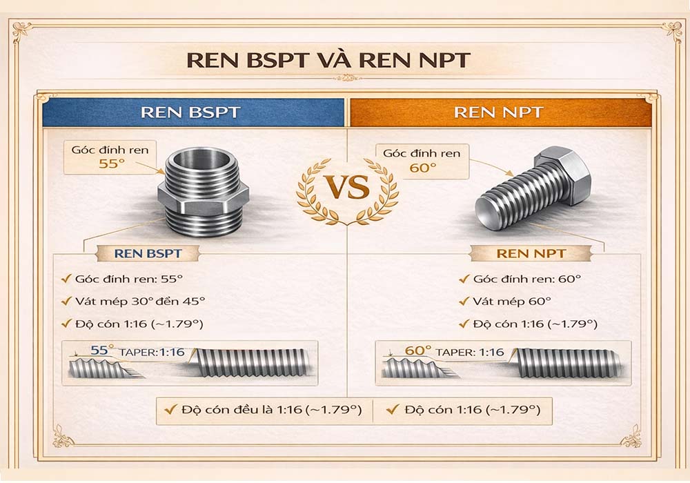 Bảng tra kích thước ren 1/2 NPT – 1/4 BSPT – Rc 1/4 inch 12 So sánh sự khác biệt giữa ren BSPT và ren ống NPT