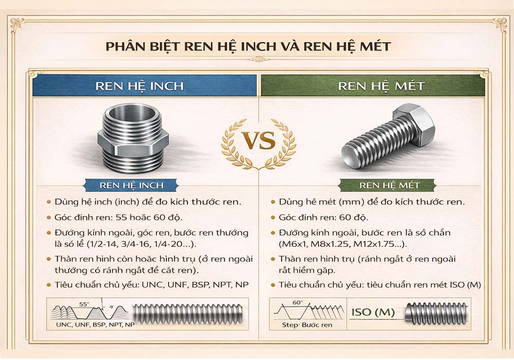 Bảng tra kích thước ren 1/2 NPT – 1/4 BSPT – Rc 1/4 inch 11 Điểm khác nhau giữa ren hệ inch và ren hệ mét