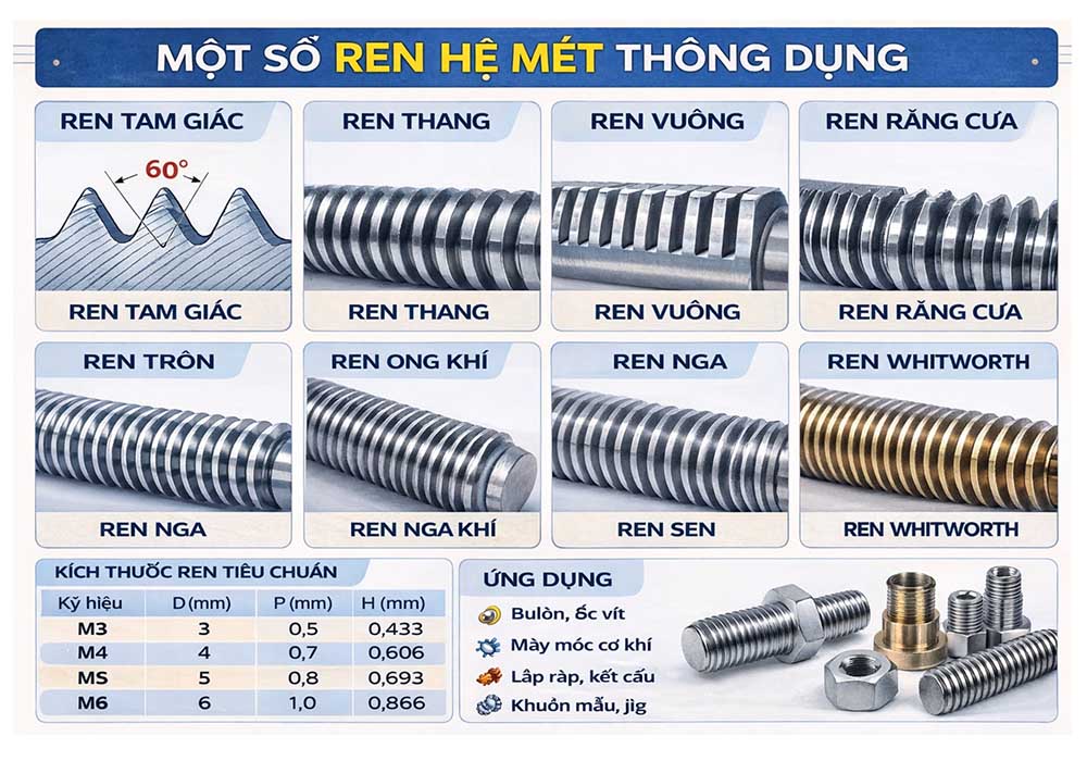 Bảng tra kích thước ren 1/2 NPT – 1/4 BSPT – Rc 1/4 inch 7 Các loại ren hệ mét thông dụng trong công nghiệp hiện nay