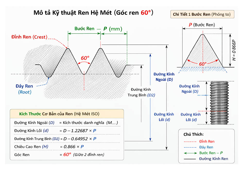 Bảng tra kích thước ren 1/2 NPT – 1/4 BSPT – Rc 1/4 inch 4 Cấu tạo ren chi tiết trong cơ khí